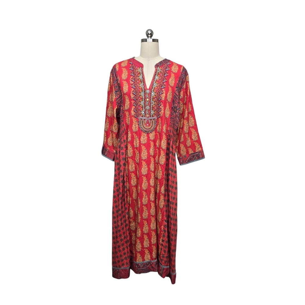 Soft Surroundings Phoenix Dress Red Embroidered Beaded Maxi Size Large 14/16 NWT